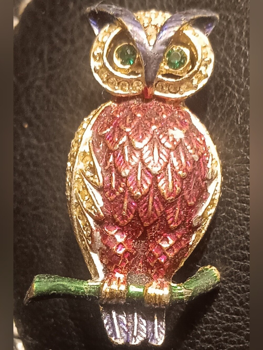 Gold-Tone Pink Owl Pin with Green Accents
